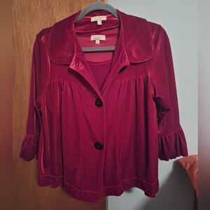 Choices Women's Red Velvet Button-Up Jacket 3/4 Sleeve & Tank Top Set Size M